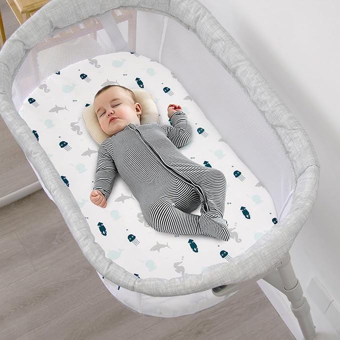 Bassinet Sheets 4 Pack Compatible with 15" x 30" Dream On Me Karley/Lacy, Chicco LullaGo Portable, Fisher-Price and Delta Children Bassinet,Ultra Soft and Skin-Friendly, Aqua Dinosaurs & White Ocean