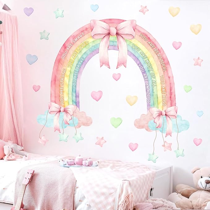 Large Watercolor Rainbow Wall Decals Pastel Pink Bow Wall Decor Kids Inspirational Vinyl Sticker Peel and Stick You are Loved Self-Affirmation Clouds Art Mural for Baby Girls Bedroom Nursery Playroom