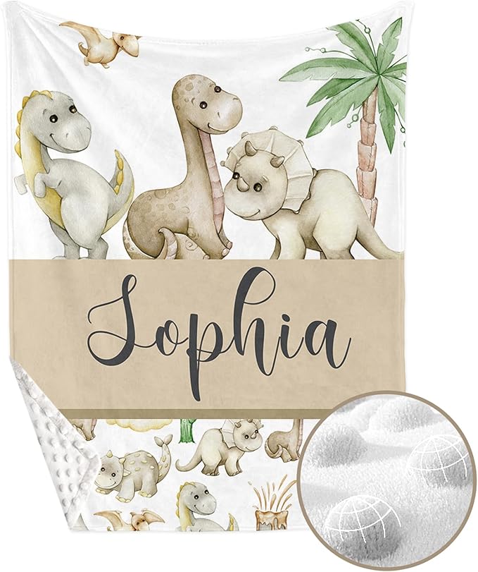 Personalized Crib Bedding Set for Boys Girls, Custom Baby Crib Sets with Name, Cute Dinosaur Theme Nursery Bedding 2 Piece - Soft Blanket with Double Layer Dotted Backing, Crib Fitted Sheet