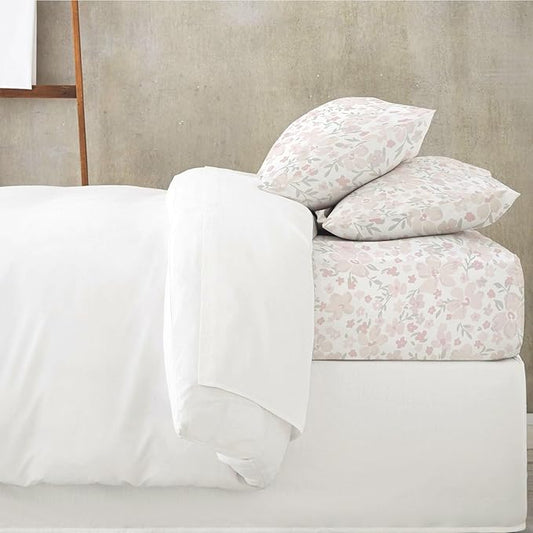 MakeMake Organics Organic Full Fitted Sheet Set GOTS Certified Organic Cotton Fitted Sheet with Pillowcase Ultra Soft Non Toxic Breathable Flowers Peach Pink Girls Room (Full, Blossom)