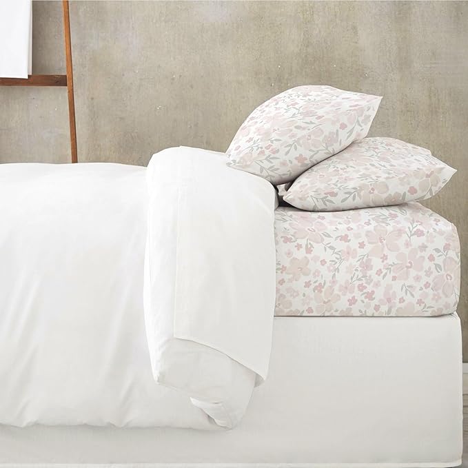 MakeMake Organics Organic Twin Fitted Sheet Set GOTS Certified Organic Cotton Fitted Sheet with 1 Pillowcase Ultra Soft Non Toxic Breathable Hypoallergenic (40"X76", Blossom)