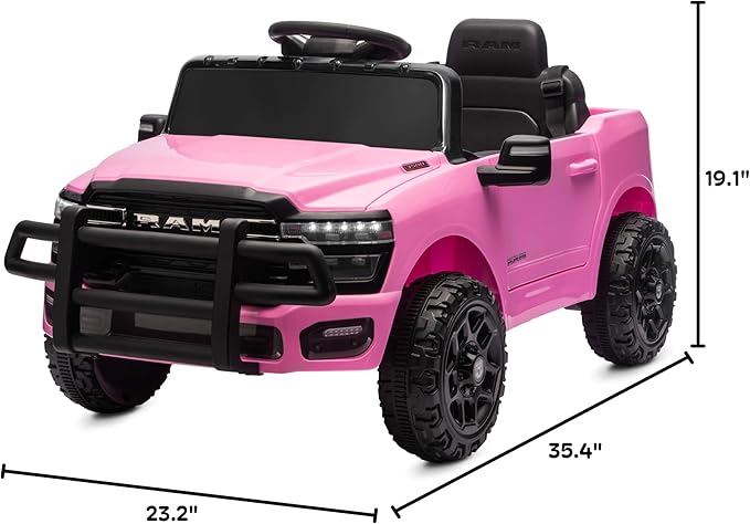 Kidzone 12V Licensed RAM 3500 Ride-On Truck for Kids, Battery Powered Electric Car w/Parent Remote Control & Manual Drive, Bluetooth, LED Lights - Pink
