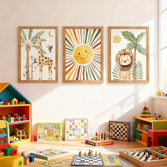 Cute Sun Lion Giraffe Quote Framed Wall Art Set of 4, 11x16 Boho Educational Animal Wall Sign for Baby Girl Kid Boy Toddlers, Wooden Inspirational Nursery Wall Decor Natural
