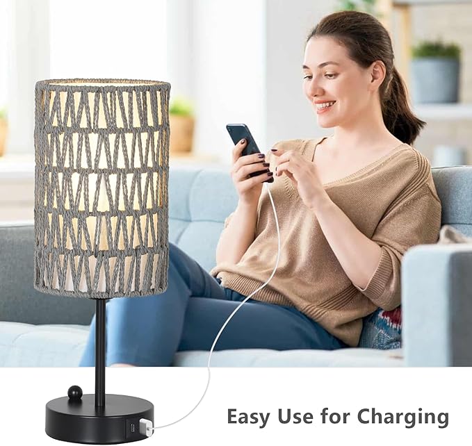 Eayaya Gray Bedside Lamps Set of 2, Touch Control Night Stand Lamp for Bedroom with Rattan & Linen Shade & Bulbs, 3 Way Dimmable Small Boho Table Lamps with USB Charging Port & Phone Stand