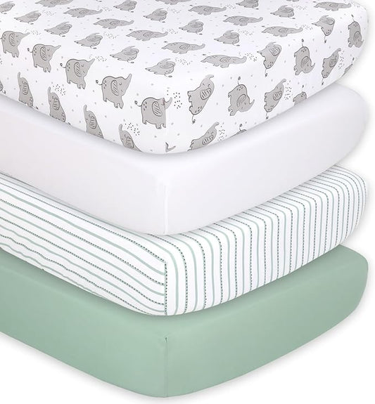 The Peanutshell 4-Pack Fitted Crib Sheet Set - Super Soft & Breathable Baby Girl or Boy Crib Sheets, Nursery Decor, Fit for Standard Mattress Cover- Elephant