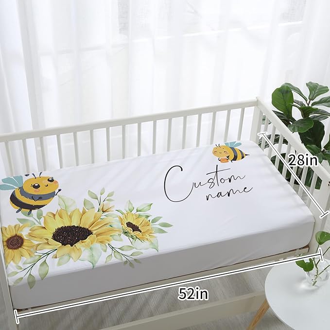 Personalized Baby Crib Bedding Set: 4 Piece Custom Gift Crib Bed Set with Name - Yellow Bee Design, Nursery Bedding Set for Baby Girls,Newborn Girls Crib Sets, Crib Bedding Shower Gifts