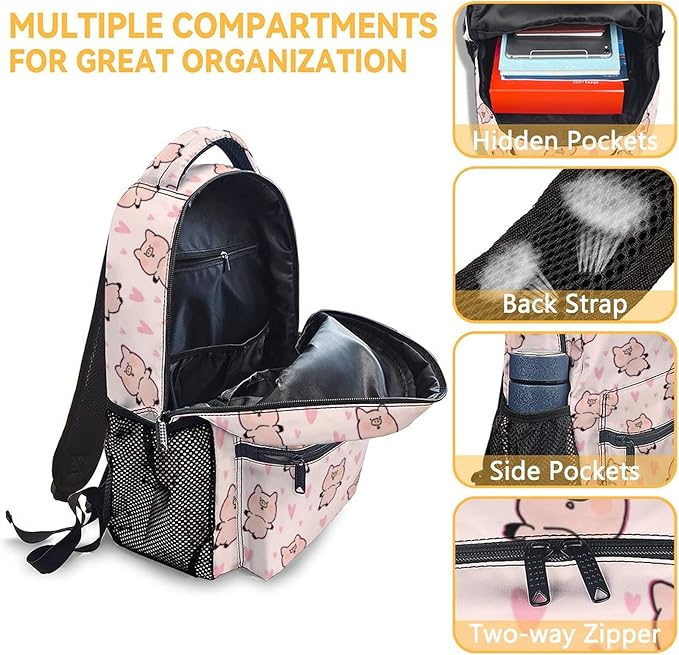 AIOMXZZ Pig Backpack with Lunch Box and Pencil Case, 16 Inch Cute Pig Bookbag Durable, Lightweight, Large Capacity, Funny Animal Backpack for School Girls Kids Women