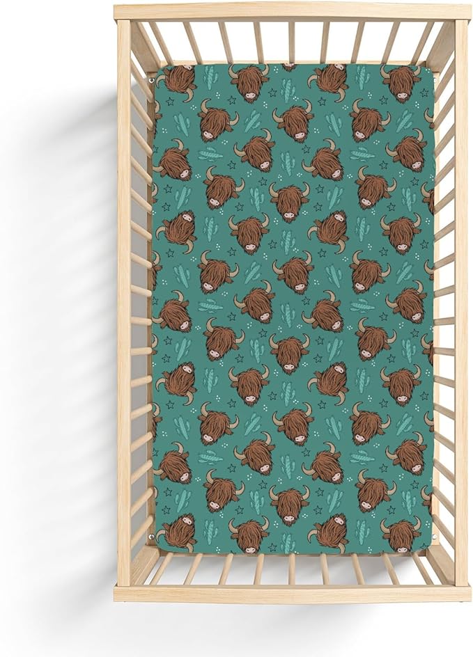 Western Highland Cows Baby Crib Sheets for Boy Girl 28"x52" Boho Cows Green Cactus Stars Soft Snug Fitted Crib Mattress Cover Highland Yak Cattle Baby Sheet for Standard Crib & Toddler Bed Mattress