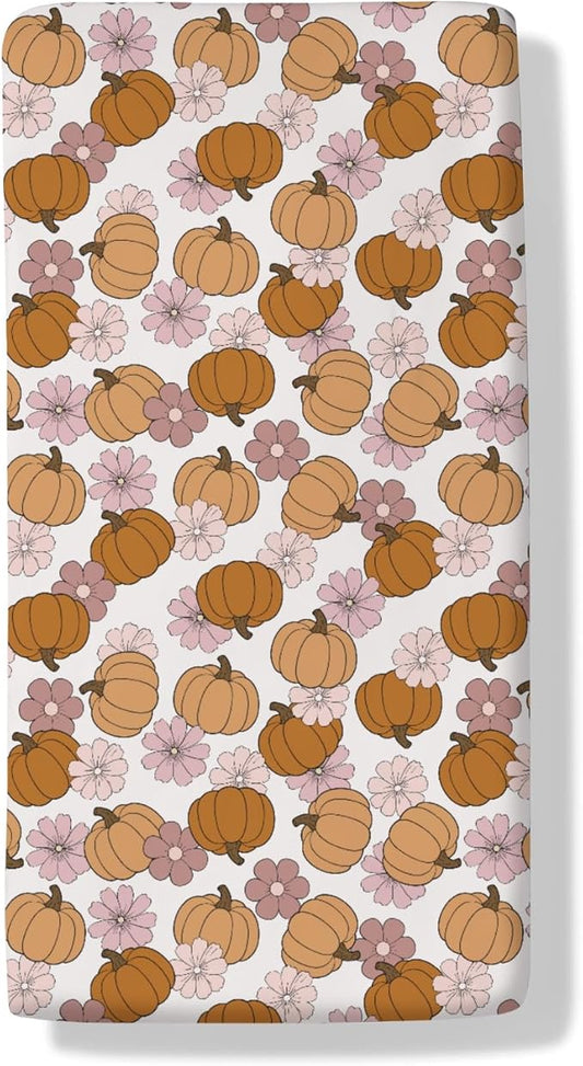 Vintage Pumpkin Boho Floral Baby Crib Sheets Fall Pumpkin Autumn Floral Soft Breathable Baby Sheets Autumn Thanksgiving Harvest Fitted Crib Mattress Cover for Standard Mattress 28x52in