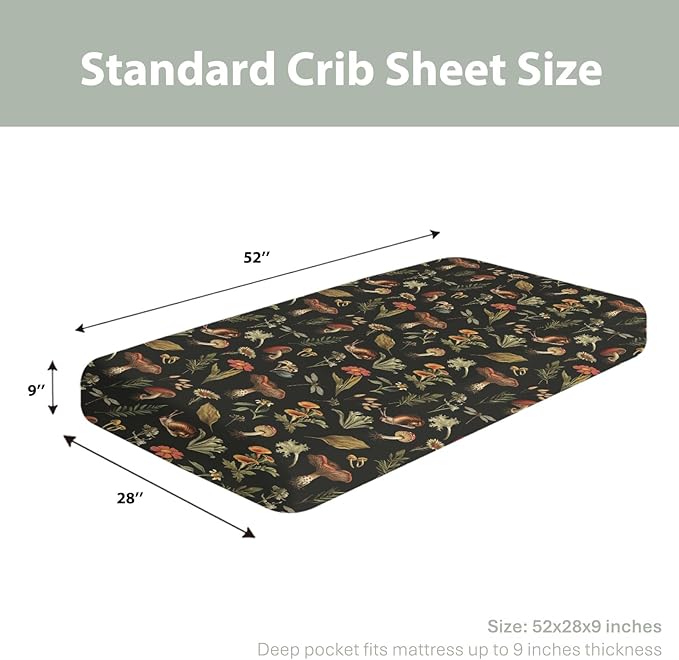 Fairytale Mushroom Baby Crib Sheets for Boy Girl 52x28Inch Retro Mushrooms Floral Leaves Soft Snug Fitted Crib Mattress Cover Magical Plant Baby Sheet for Standard Crib & Toddler Bed Mattress