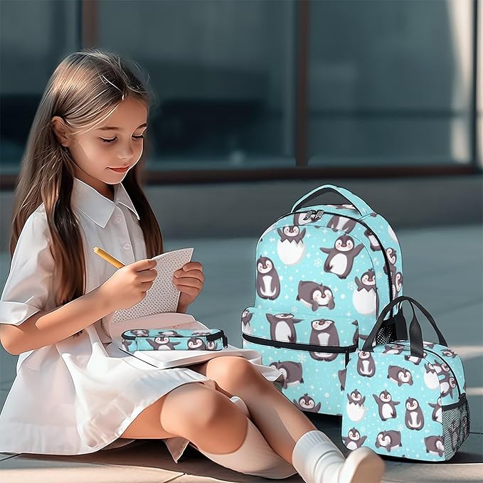 COOPASIA Penguin Backpack with Lunch Box and Pencil Case, 16 Inch Penguin Theme Bookbag with Adjustable Straps, Durable, Lightweight, Large Capacity, School Backpack for Girls Women