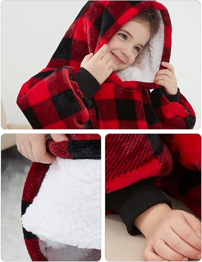 KFUBUO Wearable Blanket Hoodie for Kids Toddlers Sherpa Blanket Sweatshirt With Pocket Cute Hoodies 2-6 Year Old Girl Boy Red Plaid