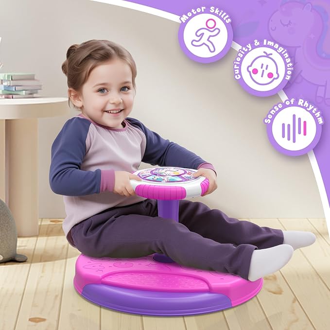Unicorn Sit and Spin Toys for Toddlers 1-3 Girls, 360° Toddler Spinning Seat with LED Lights and Music, Sensory Toys Birthday for Kids 3-5