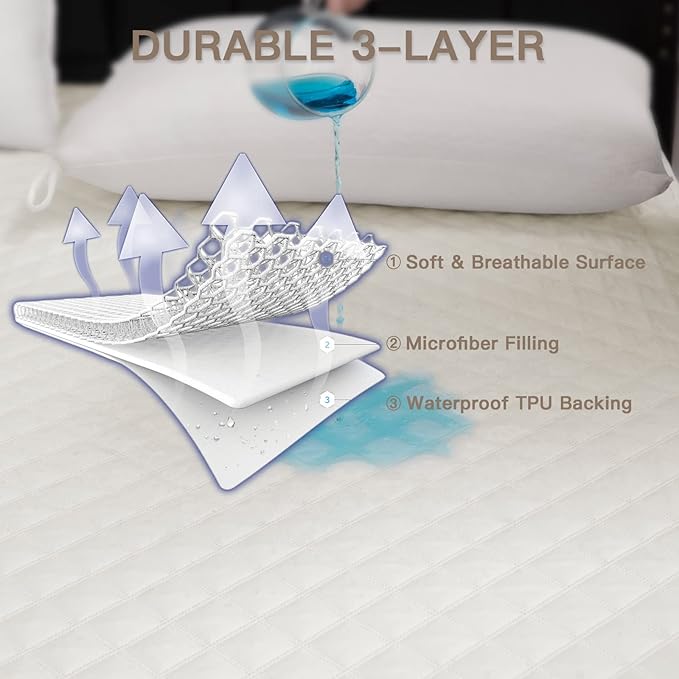 Mecerock Quilted Fitted Mattress Protector - Full Size, 18 Inch Deep Pocket, Washable, Waterproof, Ivory