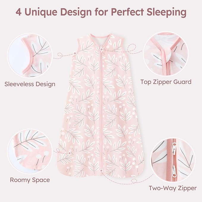 Baby Sleep Sack 18-24 Months 3 Pack 100% Cotton Lightweight 0.5 TOG Wearable Blanket Baby Sleep Bag with 2-Way Zipper for Newborn Infant Pink Flowers & Leaf