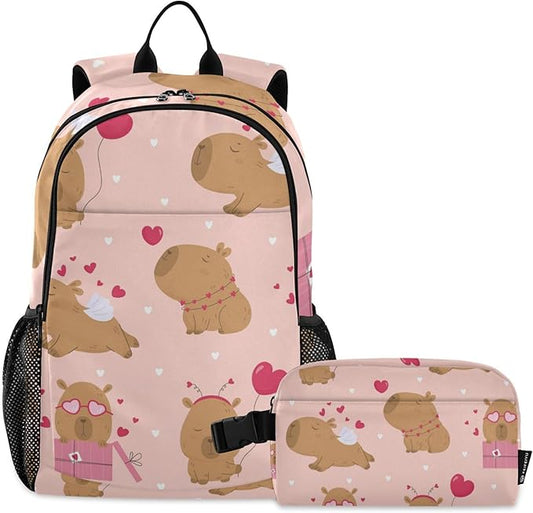 Jucciaco Lovely Capybara Backpack with Lunch Bag, School Backpack for Teens Boys Girls Kids Travel Backpacks Set