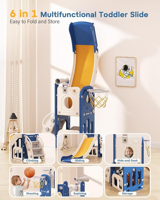 Babytronic Toddler Slide, 6 in 1 Kids Indoor Slide for Toddlers 1-3, Baby Indoor and Outdoor Climber Playset, Kids Slide with Basketball Hoop and Telescope, Toddler Outdoor Playground (Blue&Yellow)