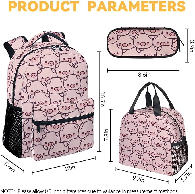 AIOMXZZ Pig Backpack with Lunch Box and Pencil Case, 16 Inch Cute Pig Bookbag Durable, Lightweight, Large Capacity, Funny Animal Backpack for School Girls Kids Women
