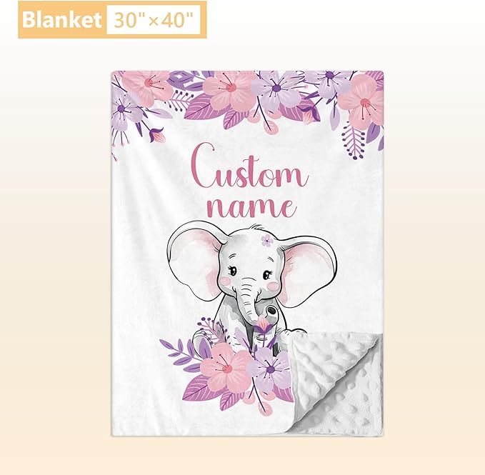 Personalized Baby Bedding Set - 3 Pcs Custom Name Crib Bedding Set for Nursery, Soft Double Layer Baby Crib Set for Boys Girls, Customized Gifts for New Parents Infant Toddler, Purple Elephant