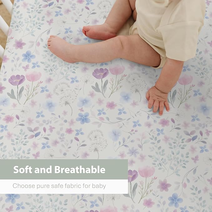 Whimsy Floral Watercolor Baby Crib Sheets for Boy Girl 28"x52" Pink Purple Wildflowers Soft Snug Fitted Crib Mattress Cover Boho Colorful Garden Flowers Baby Sheet for Crib & Toddler Bed Mattresses