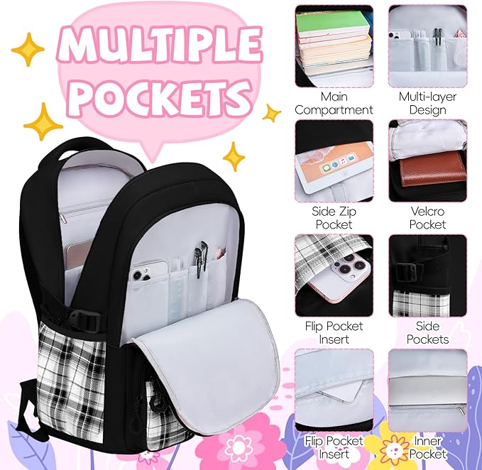 Aulenge Kids Backpack for Girls Cute Teen School Backpack Ages 8-12 with Pencil Case Set Kawaii Stitch Black School Bookbags with Multiple Pockets for Primary & Middle School Students