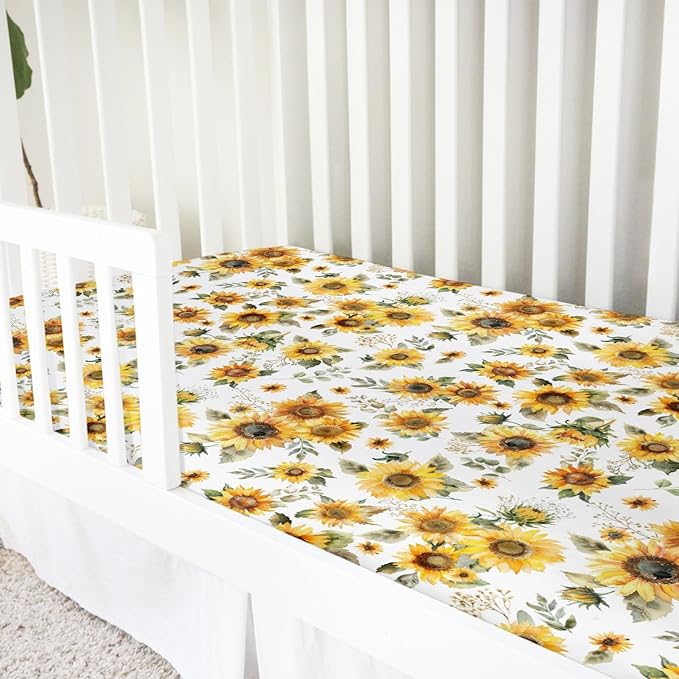 Watercolor Yellow Sunflowers Baby Crib Sheet 52''x28'' Boho Sunflowers Leaves Stretchy Fitted Crib Mattress Covers for Boy Girl Summer Wild Floral Soft Baby Sheets for Standard Crib Toddler Mattress