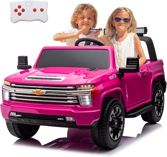 FINITO 24V 2 Seater Ride On Toy Car, Licensed Chevrolet Silverado Ride on Truck, 4WD Kids Electric car, LED Light, Bluetooth Music Player, Gift for Boys and Girls, for 3+ Kids (Pink)