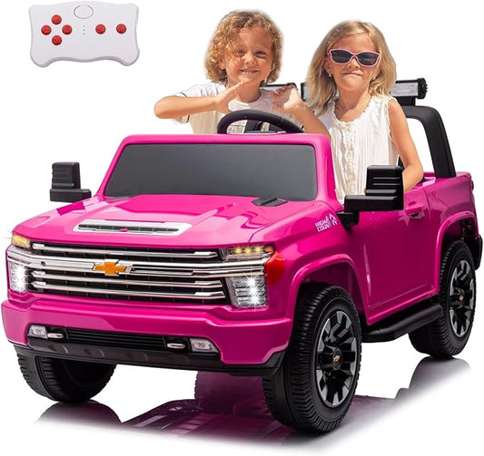 FINITO 24V 2 Seater Ride On Toy Car, Licensed Chevrolet Silverado Ride on Truck, 4WD Kids Electric car, LED Light, Bluetooth Music Player, Gift for Boys and Girls, for 3+ Kids (Pink)