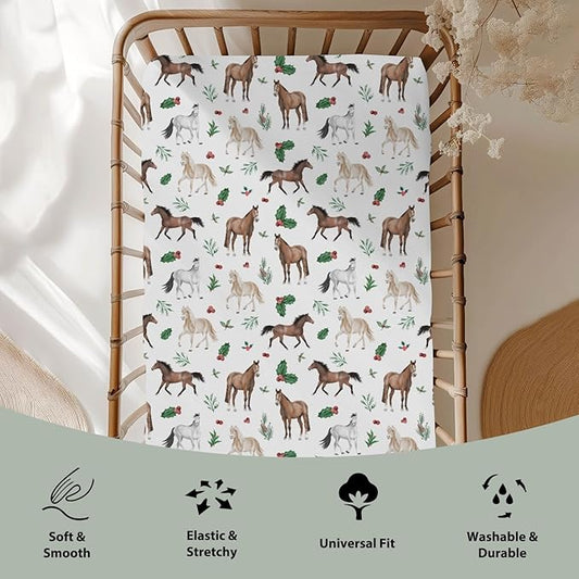 Christmas Horses Baby Crib Sheets for Boy Girl 52"x28" Holiday Animals Cherry Fir Leaves Soft Snug Fitted Crib Mattress Cover Winter Farm Animal Baby Sheet for Standard Crib & Toddler Bed Mattress