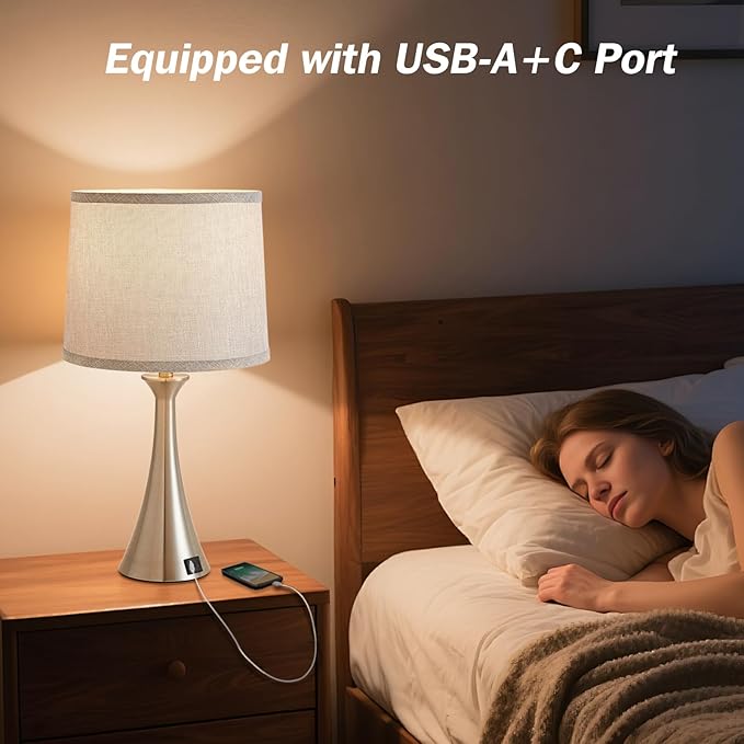 Hikczc Touch Lamp for Living Room Bedroom, 21" Table Lamps Set of 2 with USB C+A Ports and Grey Lamp Shades, Touch Bedside Lamps for Nightstand with 3 Way Dimmable, 2 LED Bulbs Included, Silver