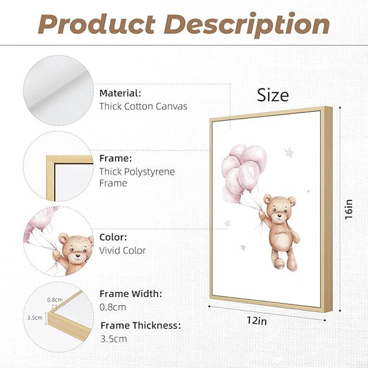 Bear Nursery Wall Art Decor Set of 3 Teddy Bear Wall Art Baby Girl Canvas Wall Decor Pink Pictures Balloon Nursery Children Prints Artwork Moon Star Cloud Art for Boys Room Bedroom 12x16 Inch Framed