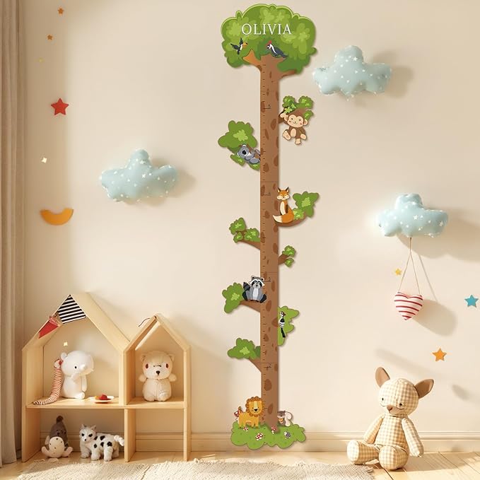 Woodemon Wooden Surfboard Wall Decor Growth Chart,Tree Art Decor for Kids Room, Wood Tree Kids Sizing Chart, Height Board Cute Decor, Nursery Growth Chart Ruler Measuring Board for Boys Girls
