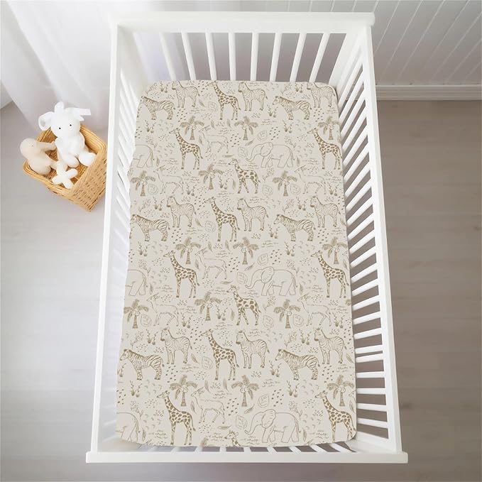 Cute Animals Safari Baby Crib Sheets for Boy Girl Boho Giraffe Zebra Elephant Trees Leaves Soft Snug Fitted Crib Mattress Covers for 52''x28'' Standard Crib & Toddler Mattress Wild Animals Bed Sheets