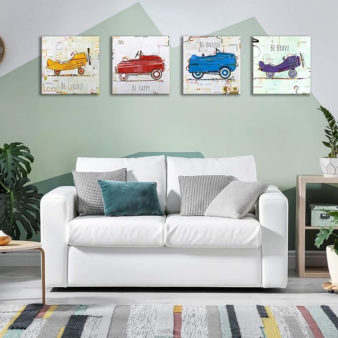 Oreichar Art Kids Wall Art Inspirational Quotes Canvas Print Painting Colorful Cartoon Car Plane Picture for Baby Kids Room Bedroom Nursery Decoration (12"x12"x4pcs)