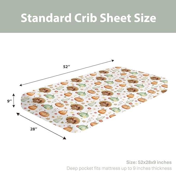 Thanksgiving Turkey Pumpkins Baby Crib Sheets for Boy Girl 52"x28" Autumn Maple Leaves Soft Stretchy Fitted Crib Mattress Cover Fall Harvest Baby Sheet for Standard Crib and Toddler Bed Mattress