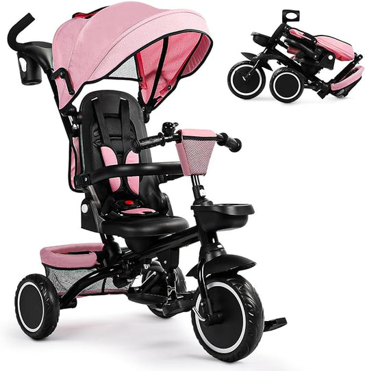 Folding Kids Tricycle, 8 in 1 Baby Trike W/Removable & Adjustable Canopy, Parent Handle, 5-Piont Safety Harness, Toddler Bike Stroller for Kids 1-6 Years, EVA Wheels, Storage Basket, Pink