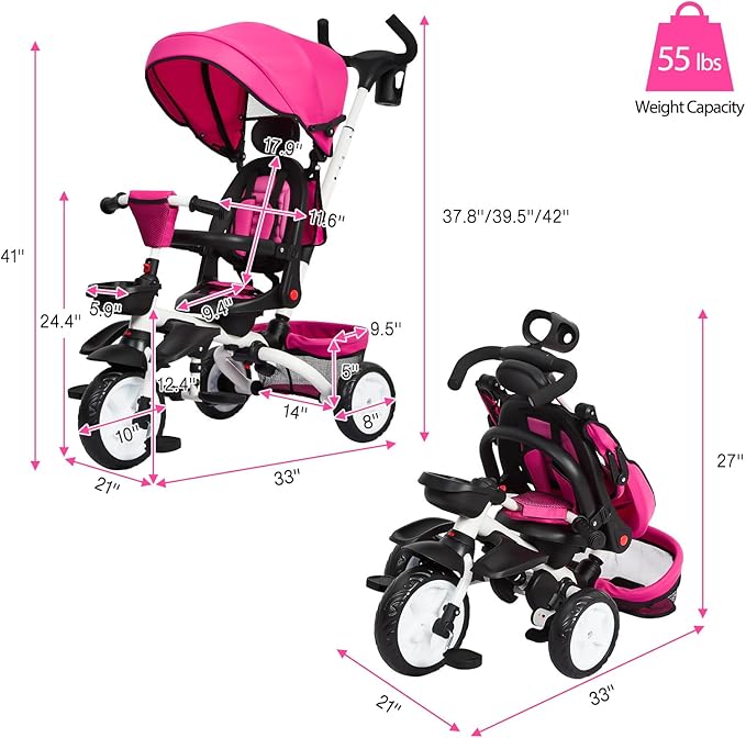 Baby Tricycle, 7 in 1 Folding Toddler Bike w/Removable Adjustable Push Handle, Canopy, Rotatable Seat, Safety Harness, Cup Holder & Storage, Trike for 1-5 Year Old (Pink)