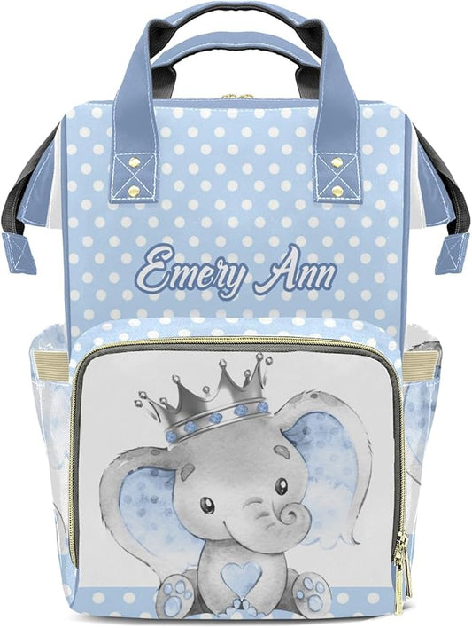 Personalized Elephant Prince Crown Custom with Name Diaper Bag Backpack For Baby Boy Girl Dad Mom Unisex for Adult Daypack Holiday Gift