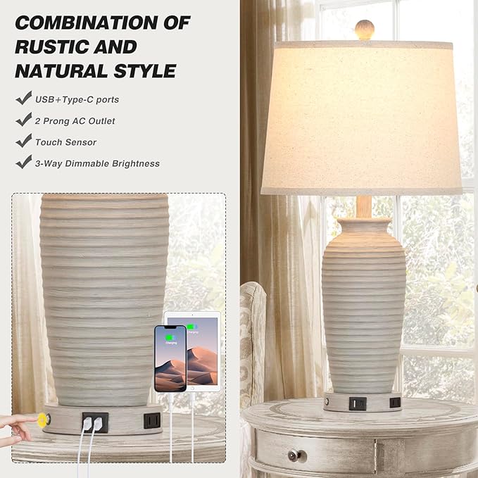 CINSARY 25" Farmhouse Jar Table Lamps Set of 2, 3 Way Touch Control Rustic Bedside Lamps with USB A+C Ports & AC Outlet, Pot Nightstand Lamps for Bedroom Living Room (LED Bulbs Included)