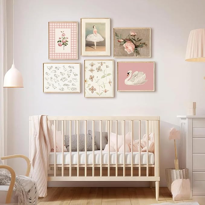 Nursery Pink Wall Art Decor Baby Girl Room Prints Vintage Nursery Floral Canvas Wall Decor Preppy Room Pictures Pink Swan Flower Paintings Artwork for Girls Bedroom 12x16 Inch Unframed Set of 6