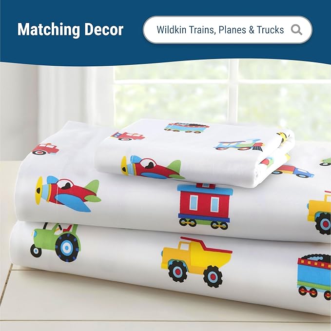 Wildkin Kids 100% Microfiber Crib Sheet – Soft, Breathable Fitted Sheet - Trains, Planes, and Trucks
