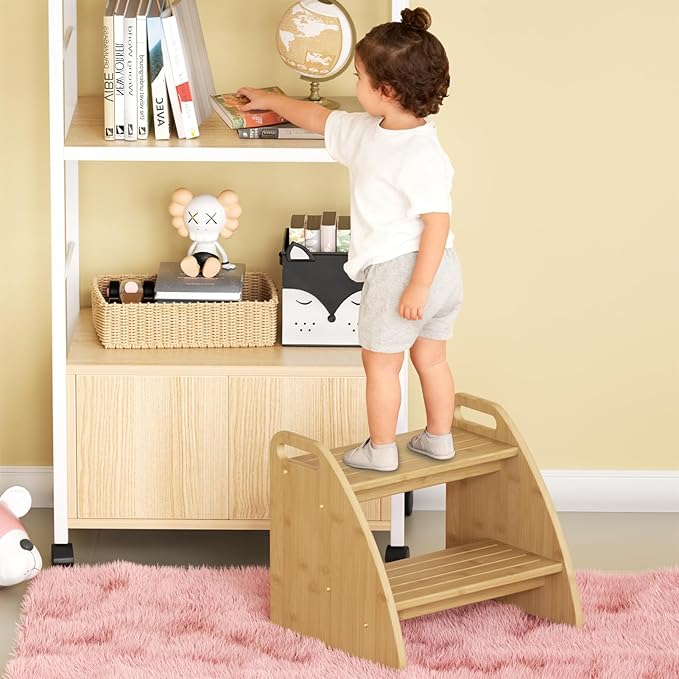 Step Stool, Two Stepping Stool 300lbs Capacity, with Non-Slip Handles and Pads,Bamboo Step Stool for Bathroom Sink, Perfect Natural Wooden Step Stool for Kitchen