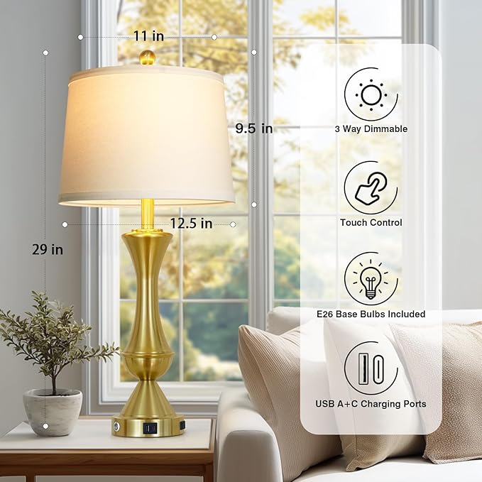 luxeflow 29" Tall Gold Table Lamps Set of 2 for Living Room, Touch Control Bedroom Lamps for Nightstand, 3-Way Dimmable Bedside Lamp with USB A+C Port &AC Outlets(2 LED Bulbs Included)