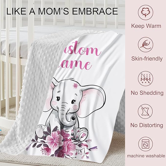 Personalized Baby Crib Bedding Set, Custom Name Floral Elephant Baby Bedding 2-Pcs Set - Soft Double Layer Dotted Blanket and Fitted Sheet, Nursery Bedding for Newborn Boys Girls, Perfect Shower Gift