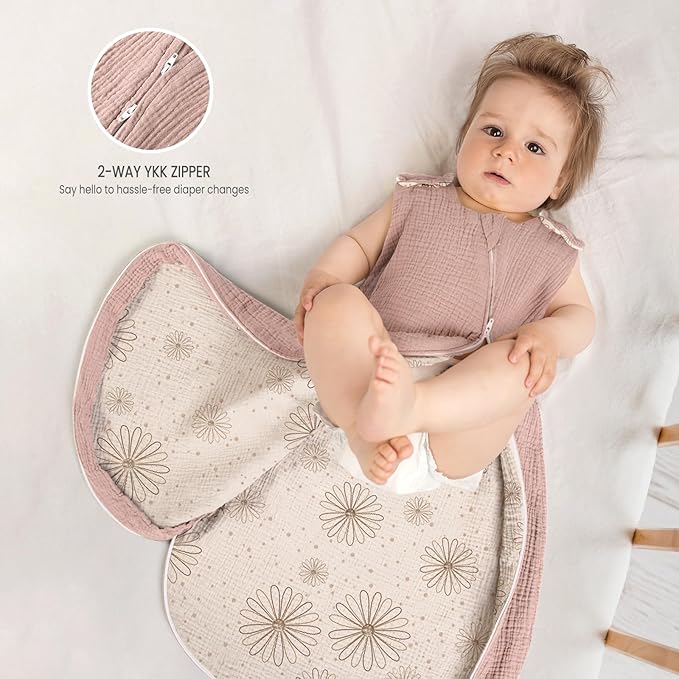 lulumoon Sleep Sack Muslin for Baby: Cotton Wearable Blanket for 0-3 Months - Soft Lightweight Ideal for Newborn Nursery Lounge Nighttime Naptime (1, sanddaisy, XS)