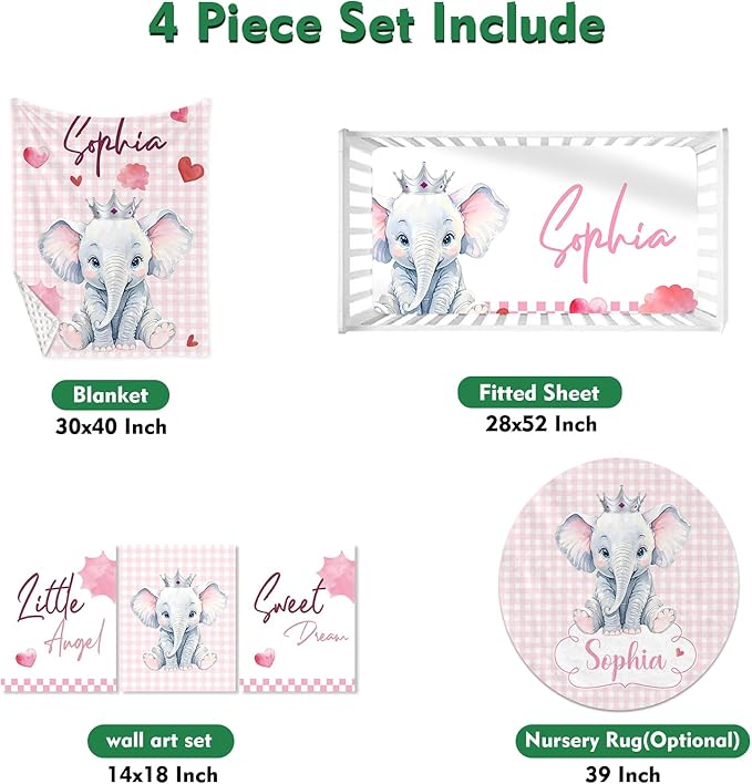 Personalized Baby Crib Bedding Set: 4 Piece Custom Pink Checkered Elephant Crib Bed Set with Name, Nursery Bedding Set for Baby Girls, Newborn Boys Crib Sets, Crib Bedding Custom Gift, Crib Sheet
