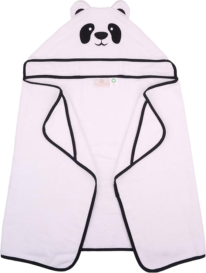BAGNO MILANO Kids Organic Turkish Cotton Hooded Beach Cover-Up Towel, GOTS Certified, for Boys and Girls (Panda White, 24"x48"+8"/Hooded Towel)