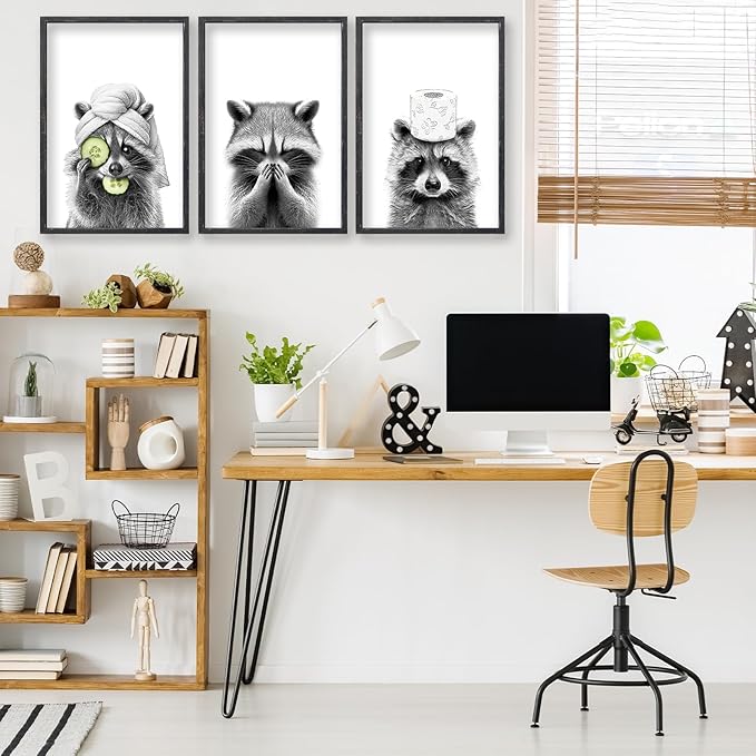 Funny Raccoon Bathroom Wall Decor Art 24x16 Inch Set of 3 Fun Bathroom Modern above the Bathtub Sign Rustic Restroom Farmhouse Cute Washroom Animal Prints Wood Framed Wall Hanging (Black)