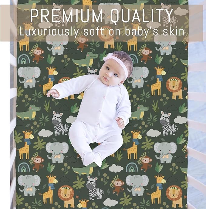 Jungle Safari Animals Baby Crib Sheets for Boy Girl Elephant Lion Zebra Giraffe Leaves Soft Snug Fitted Crib Mattress Covers for 52''x28'' Standard Crib & Toddler Mattress Pad Wild African Bed Sheets