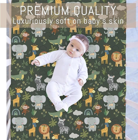 Jungle Safari Animals Baby Crib Sheets for Boy Girl Elephant Lion Zebra Giraffe Leaves Soft Snug Fitted Crib Mattress Covers for 52''x28'' Standard Crib & Toddler Mattress Pad Wild African Bed Sheets